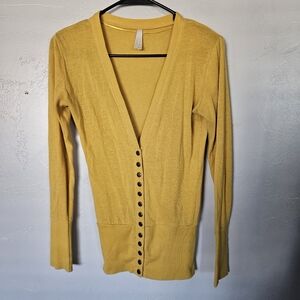 Color Story Small Mustard Yellow Button-Up Snap Cardigan Long Sleeve V-neck Boho